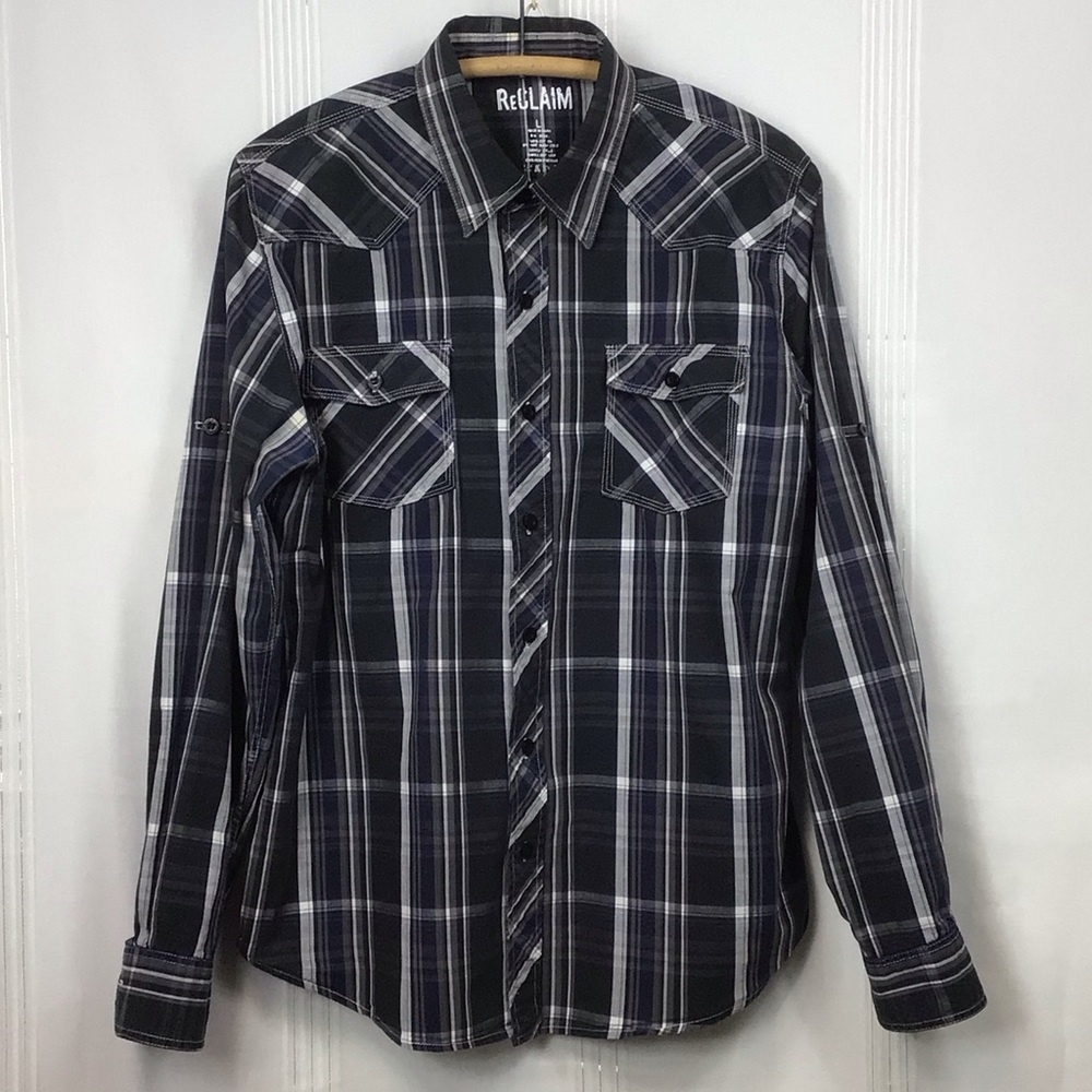 ReClaim Black Plaid Western Cotton Long Sleeve Roll Tab Shirt Sz.L
